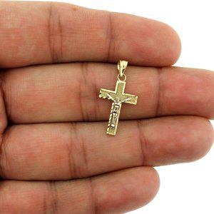 Real 10K Yellow Gold Diamond Cut Cross Pendant